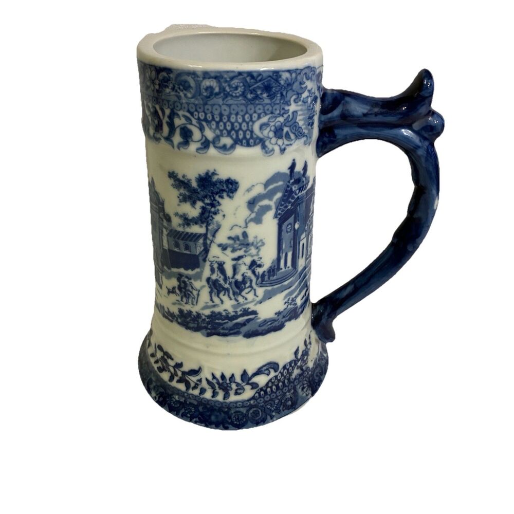Vintage Victorian Ware Ironstone Blue And White Pitcher, Vase, Stein. 8” Tall